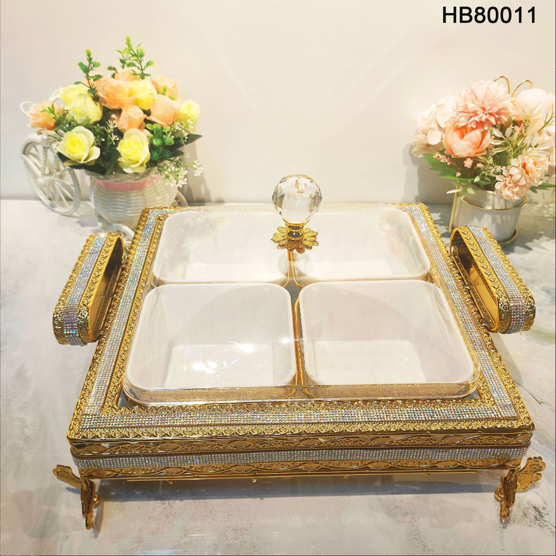 European Acrylic Hardware  Fruit Plate Gold Butterfly Decorated Four Plate Fruit Plate